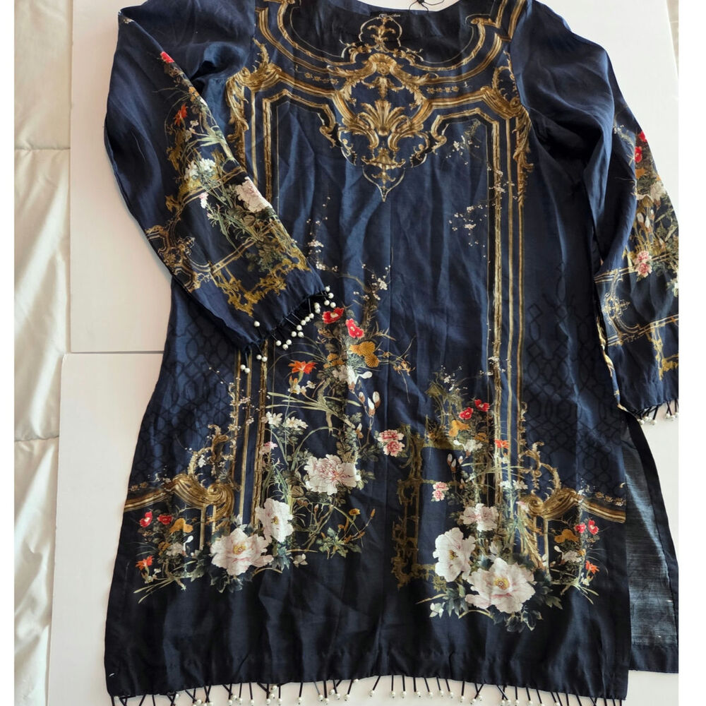 Cross Stitch Luxury Digital Print Lawn Kurta Shirt Blue Floral Pearl Trim Size S